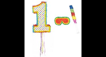 Verjaardag Pinata nummer 1 van 104 x 40 cm - set met stok en masker