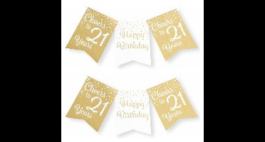 Verjaardag vlaggenlijn 21 jaar - 2x - binnen - karton - wit/goud - 600 cm