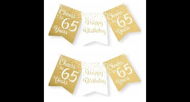 Verjaardag vlaggenlijn 65 jaar - 2x - binnen - karton - wit/goud - 600 cm
