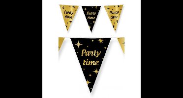 Vlaggenlijn Party Time - 2x stuks - zwart/goud - 10 m - plastic -Leeftijd verjaardag feest versierin