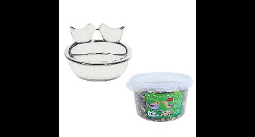 Vogelvoeder- en drinkschaal wit keramiek 21 cm inclusief 4-seizoenen energy vogelvoer