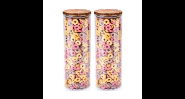 Voorraadpot/bewaarpot Foodking - 2x - borosilicaat glas - 1650 ml - glas/hout - D9.5 x H27 cm