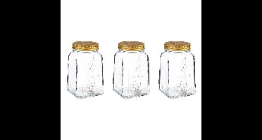 Voorraadpot/bewaarpot Square - 3x - glas - 1L - transparant/goud - D10 x H17 cm - voedsel bewaren