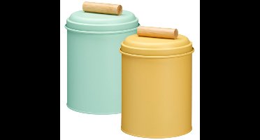 Voorraadpotten set - 2x - koekjes bewaarblik - 14 x 20 cm - metaal - groen / geel