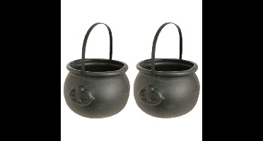 Witbaard Heksenketel - 2x - kookpot - zwart - kunststof - 15 x 20 cm - versiering - accessoires