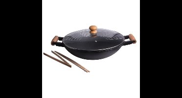 Wokpan set gietijzer/hout - 5-delig - zwart - 47 x 39 cm