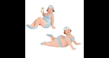 Woonkamer decoratie beeldjes set van 2 dikke dames - blauw badpak - 17 cm