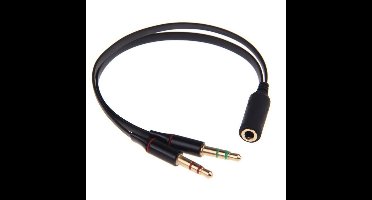 Audio Jack 3.5mm Y-Splitter M/F, Stereo+Microfoon, platte kabel, zwart, oa iPhone/Samsung headset