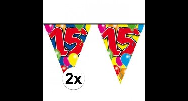 15 jaar verjaardag vlaggenlijn/vlaggetjes - 2x - kunststof - 10 meter - eenzijdig