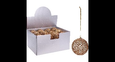 1x Gouden glitter draad/rotan look kerstballen kunststof 9 cm