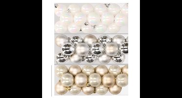 48x stuks kunststof kerstballen mix van parelmoer wit, zilver en champagne 4 cm