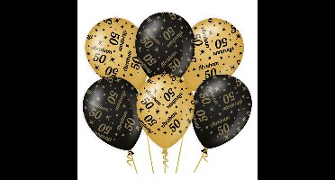 6x stuks luxe Abraham/50 jaar feest ballonnen - zwart/goud - latex - ca 30 cm