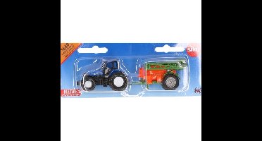 Blauwe speelgoed tractor met veldspuit