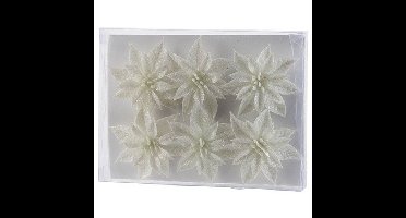 Bloemen op clip - 6x st - wit - glitter - 8 cm - kerstversiering