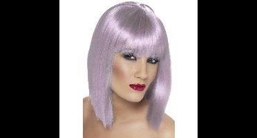 Carnaval verkleed damespruik met pony - lila paars - half lang haar