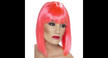 Carnaval verkleed damespruik met pony - roze - half lang haar