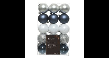 Decoris kerstballen - 30x - kunststof - donkerblauw/wit/zilver - 6 cm