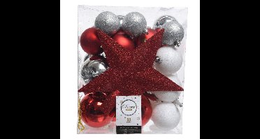 Decoris kerstballen - 34-dlg - rood/wit/zilver - kunststof