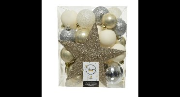 Decoris kerstballen set - 34-dlg - champagne/zilver/wit - incl. piek - kunststof - kerstversiering