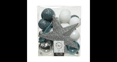 Decoris kerstballen set - 34-dlg - zilver/ijsblauw/wit - incl. piek - kunststof - kerstversiering