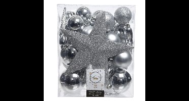 Decoris kerstballen set - 34-dlg - zilver - incl. piek - kunststof - kerstversiering
