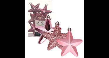 Decoris kersthanger sterren - 6x st - lippenstift roze - 7 cm - kunststof - kerstornamenten