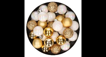 Decoris Mini kerstballen - 28x - parelmoer wit en goud - D3cm - kunststof - kleine balletjes