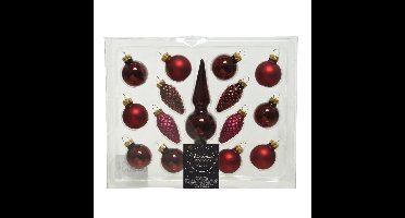 Decoris Mini kerstballen D3 cm - met piek - set 15-delig - donkerrood - glas - kerstversiering