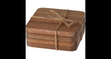 Excellent Houseware Vierkante acacia houten glazen onderzetters - 4x stuks - 10x10 cm