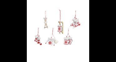 G. Wurm Kersthangers - 6x - hout - wit/rood - 6-10 cm - kerstboomversiering