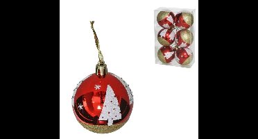 Gedecoreerde kerstballen - 6x st - 6 cm - kunststof - rood met kerstboom
