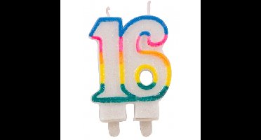 Glitter cijferkaars 16 jaar - verjaardag kaars - taart kaars - 9 x 15 cm