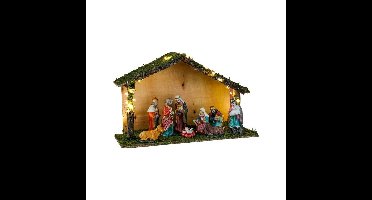 HI Verlichte kerststal - porselein/mos/hout - 40 x 16 x 26 cm - incl. 9 beeldjes/figuren
