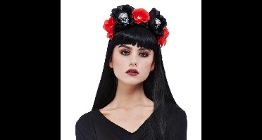 Horror haarband/diadeem day of the dead met doodshoofden zwart/rood