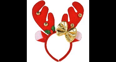 Kerst diadeem/haarband - rendier gewei met strikje - rood - 25 cm