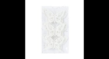 Kerstboomversiering Vlinder - 3x stuks - 14 cm - wit glitter - op clip