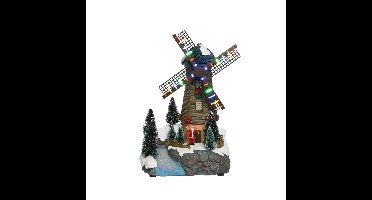 Kerstdorp molen - met draaiende wieken en verlichting - 30 cm