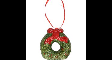 Kersthanger kerstkrans - rood - 8 cm - keramiek - kerstornament - kerstboomversiering