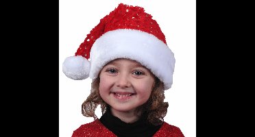 Kerstmuts - rood met pailletten - polyester - voor kinderen