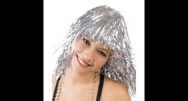 Lurex verkleed pruik - metallic zilver - tinsel slierten pruiken - disco thema