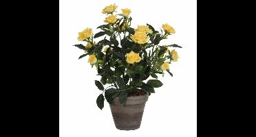 Mica Decorations Kunstplant - rozen - geel - grijze pot - 33 cm - kunst roos