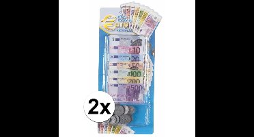 Set van 2x stuks speelgoed kassa euro speelgeld - 90 delig - Speelgoed munten en biljetten