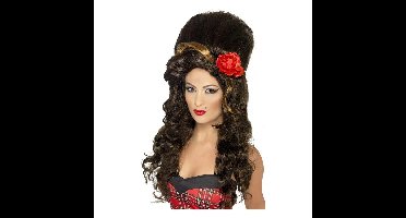 Suikerspin Amy Winehouse look pruik - met roos - bruin - verkleed accessoires voor dames