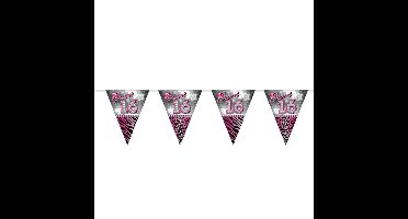 Sweet 16 Sixteen vlaggenlijn slinger - plastic - 10 meter - versiering - roze/zilver