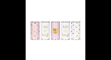 Trouwauto blikjes Mr & Mrs - Bruiloft - roze / wit - set 5x stuks - 14 x 7 cm - just married