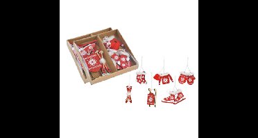 12x stuks houten kersthangers rood/wit wintersport thema kerstboomversiering