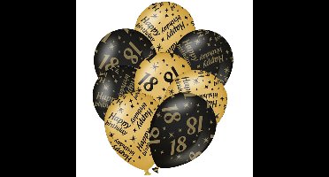 12x stuks leeftijd verjaardag ballonnen 18 jaar en happy birthday zwart/goud