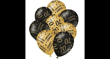 12x stuks leeftijd verjaardag ballonnen 70 jaar en happy birthday zwart/goud
