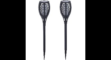 2x Solar fakkels/toortsen zwart met vlam effect op zonne-energie 49 cm tuinverlichting