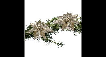 2x stuks kerstboom decoratie bloemen champagne glitter op clip 9 cm